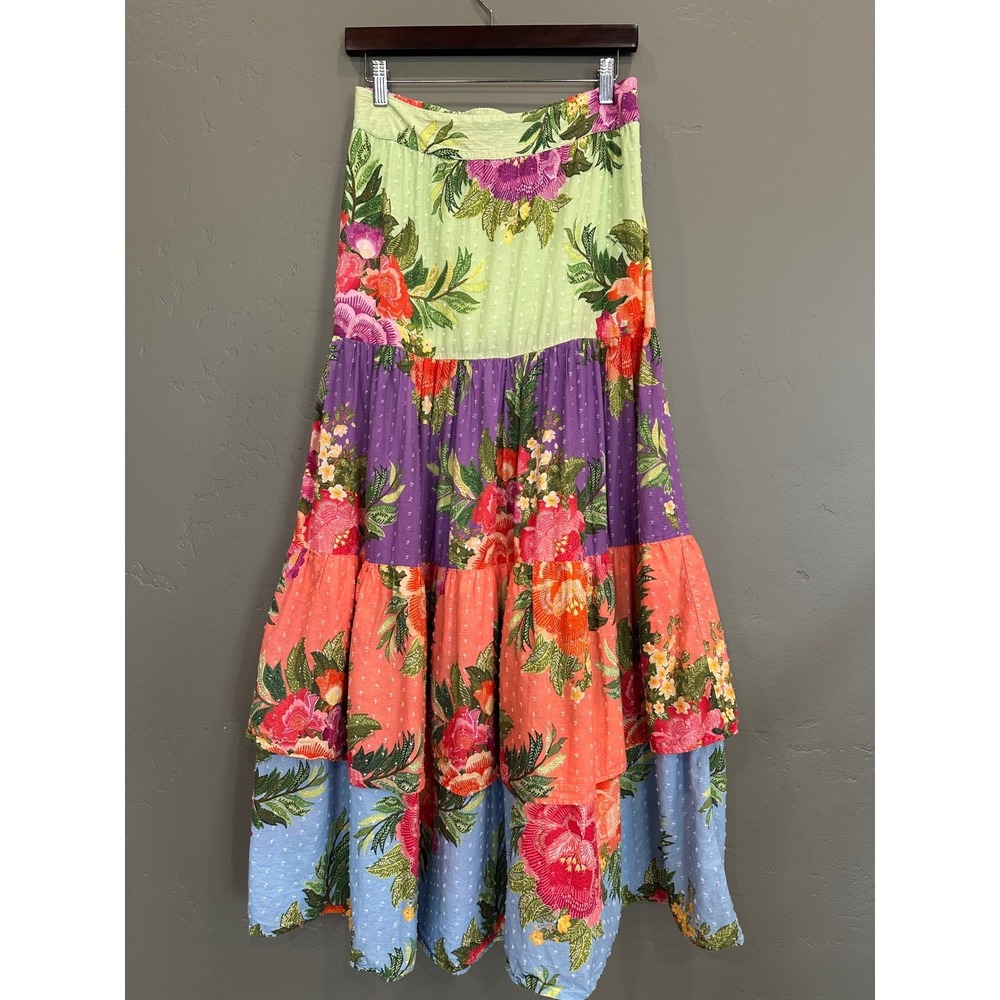 Farm Rio Anthropologie Floral Tiered Maxi Skirt Size Medium Colorful - Picture 7 of 16
